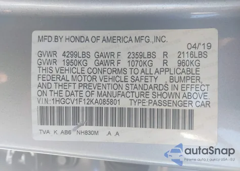 2019 Honda Accord Lx z USA, uszkodzony, nr VIN 1HGCV1F12KA085801